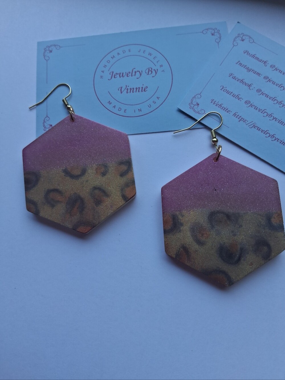 Hand Crafted Pink and Brown Leopard Hexagon Dangle Earrings